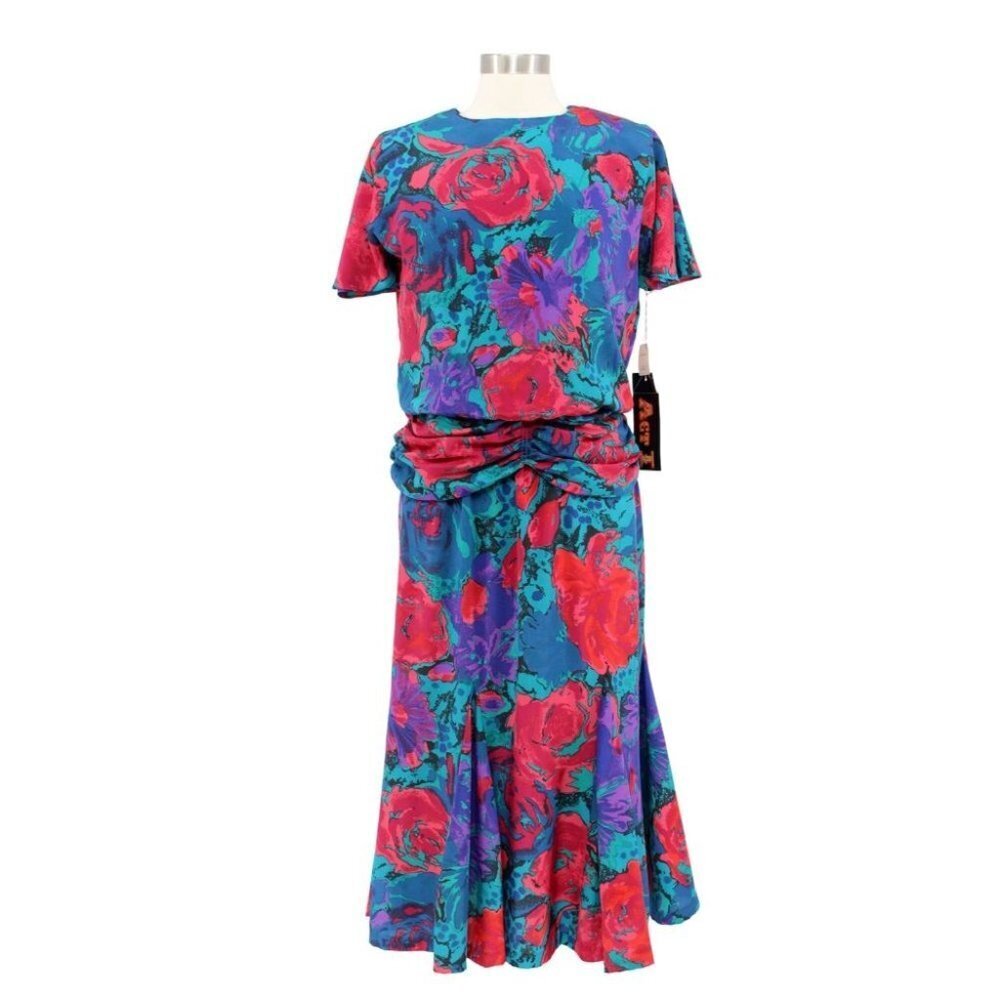 NWT Vintage 80s Act I Green Red Novelty Print Satin Peplum Midi Dress Size S